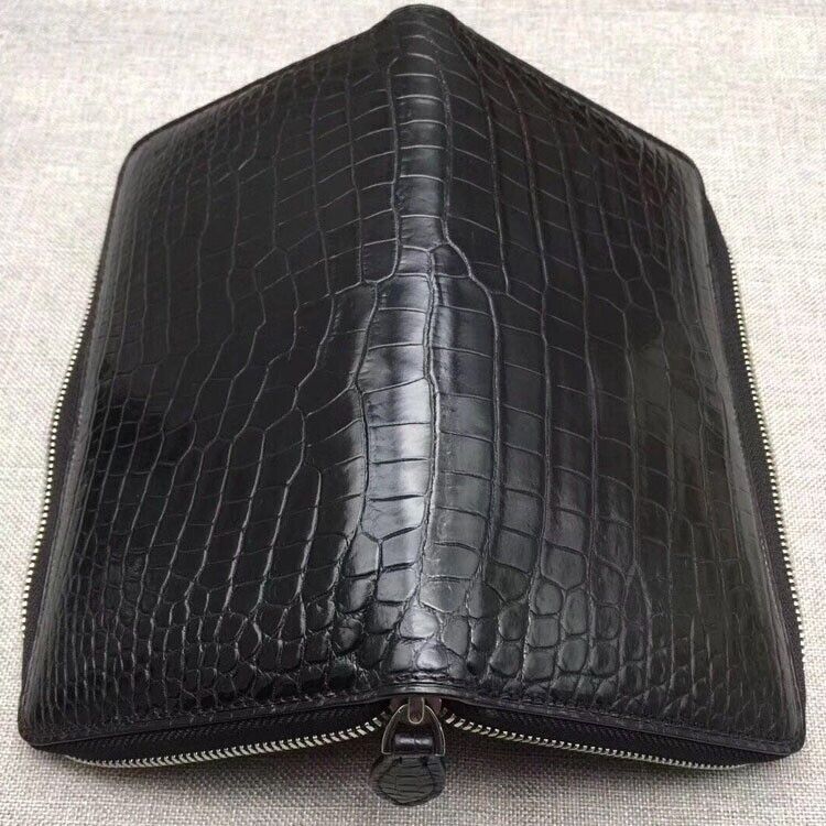 Black Genuine Crocodile Alligator Leather Zipper Long Wallet Hand Clutch Bag