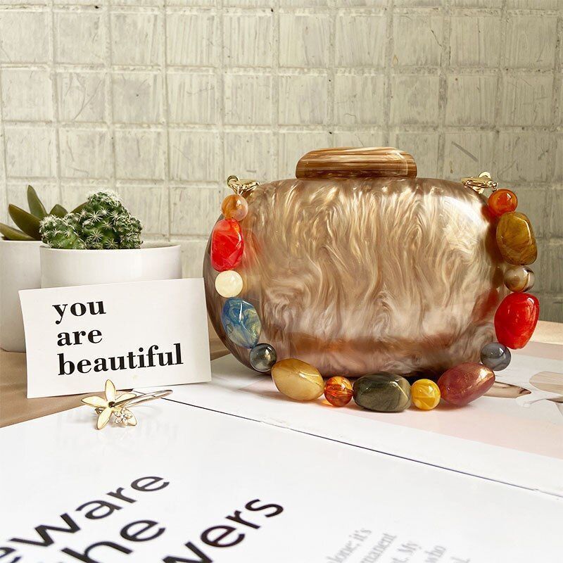 Fashionable Wallet Acrylic Bag Round Luxury Marble Brown Handbag Vintage Clutch