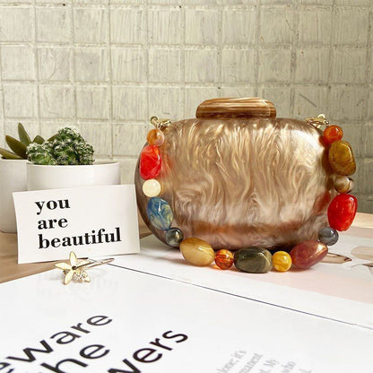 Fashionable Wallet Acrylic Bag Round Luxury Marble Brown Handbag Vintage Clutch