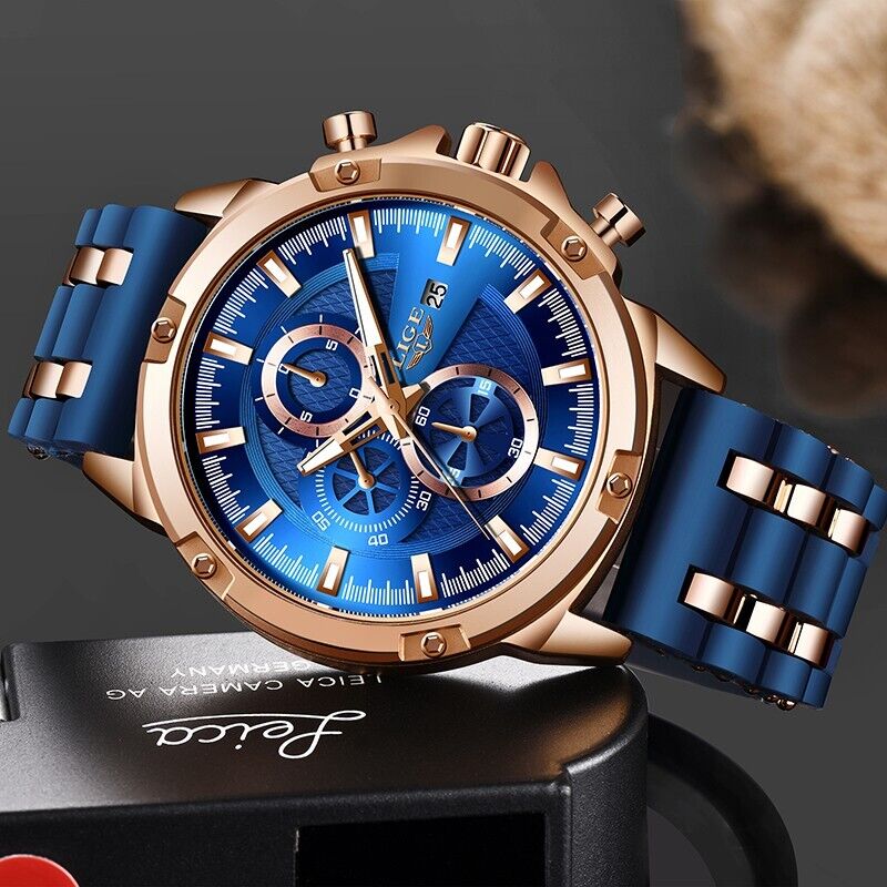 LIGE Men Watch Mens Bridge Manual Mechanical Dial Watch Rose Gold Blue Metal New