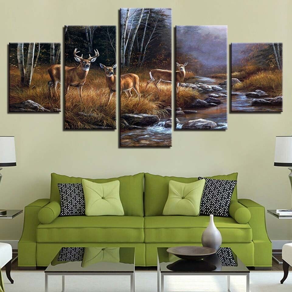 Deers Elks Forest Trees River Sunset Canvas Prints Painting Wall Art Decor 5PCS