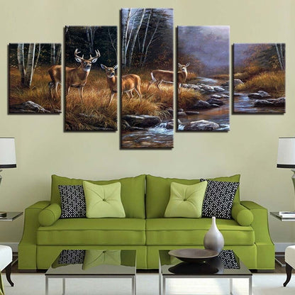 Deers Elks Forest Trees River Sunset Canvas Prints Painting Wall Art Decor 5PCS