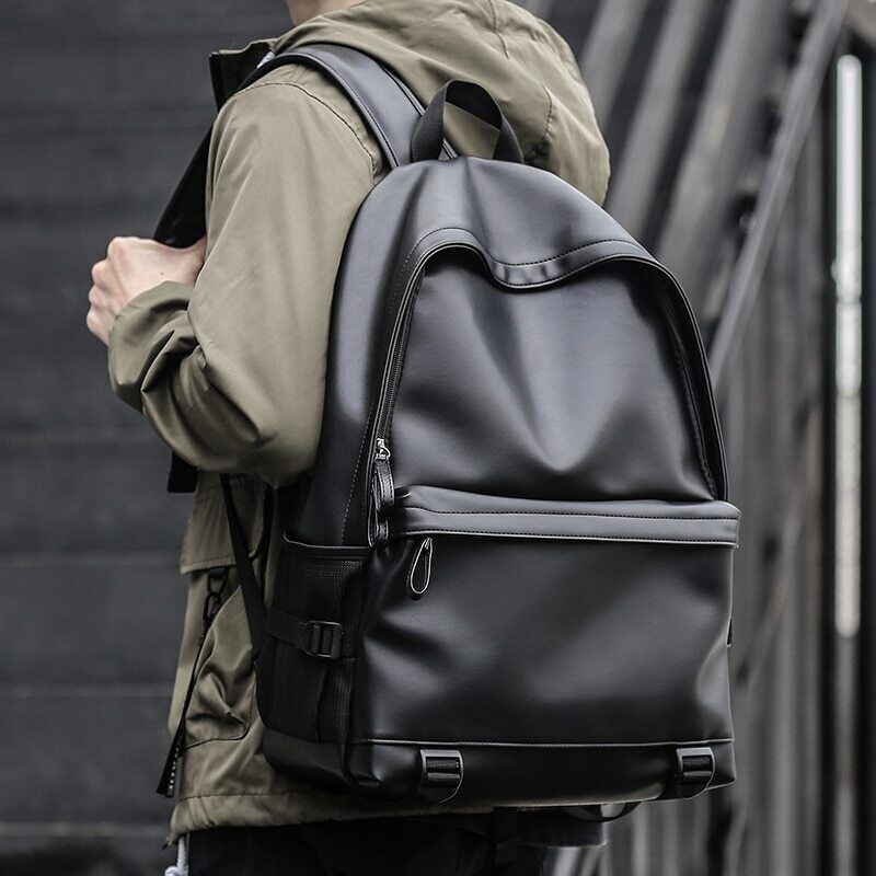Men Leather Backpack Black School Bags Boys 15.6 Inch Laptop Backpacks
