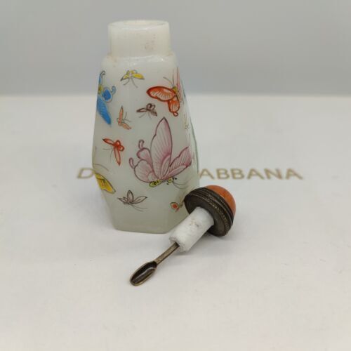 vintage chinese peking glass snuff bottle painted butterfly Liuli painting rare