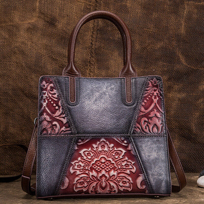 Designer Women's Genuine Leather Retro Handbag FlowerEmbossed Sling Shoulder Bag