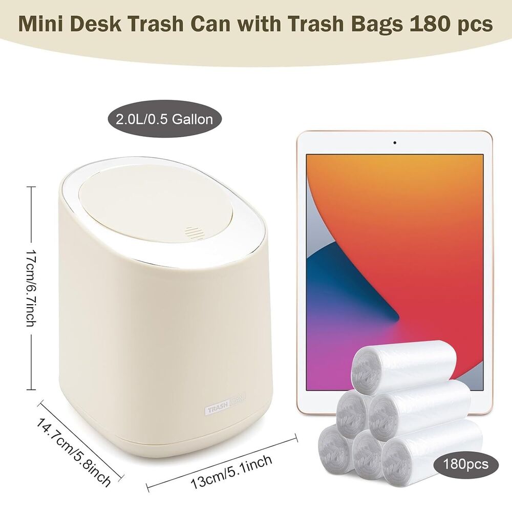 Decorative Garbage Can with Lid Mini Basket for Desk with Trash Bags 180 Pieces