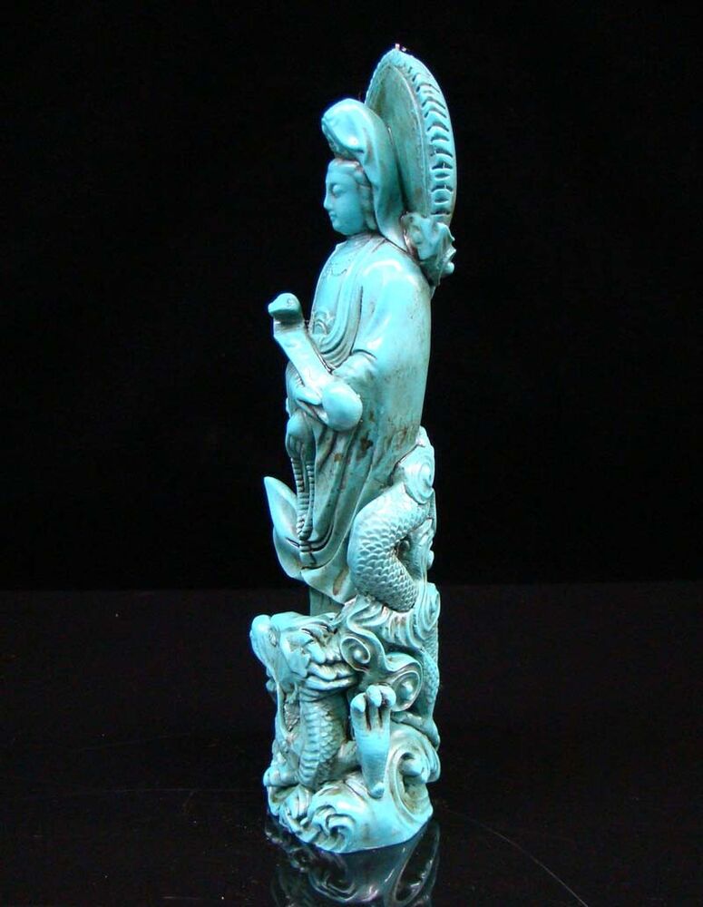 Chinese Turquoise Handmade Carved Statue Kwan-yin Dragon RuYi Exquisite