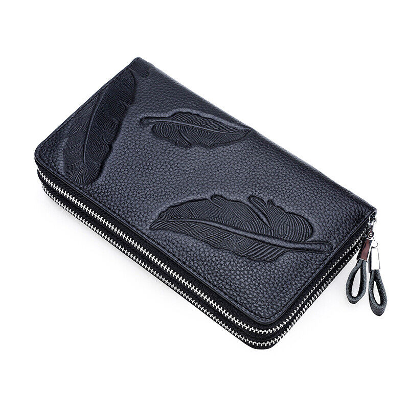 Men's Real Leather Clutch Bag, Double Zipper Long Business Wallets Phone Holder