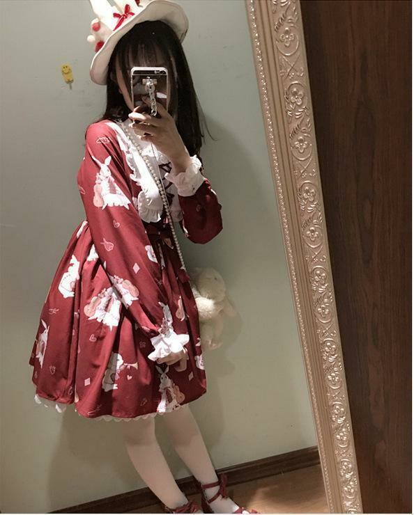 Girl's Lolita Dress Vintage Rabbit Musical Instrument Print Long Sleeves Dress