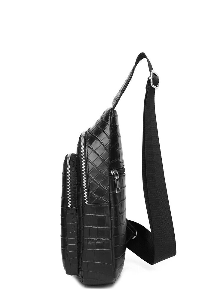 Black Real Leather Sling Backpack, Men's Crossbody Chest Bag Crocodile Printing
