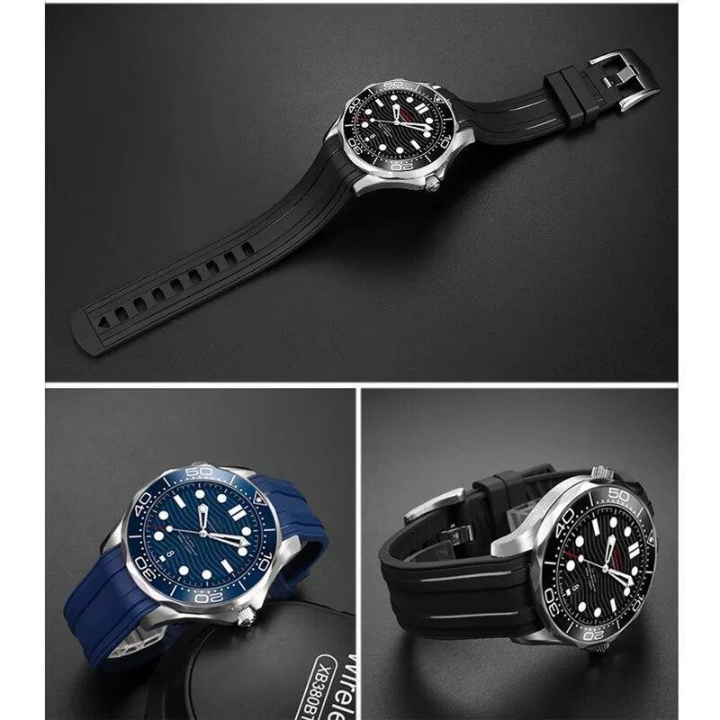 Rubber Watch Strap Fit For Omega Seamaster 300 Waterproof Diving 20mm Band