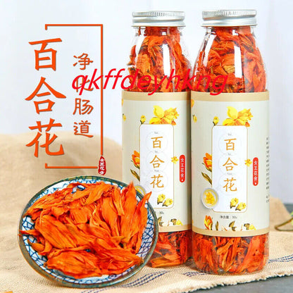 Lanzhou Dried Lily Flower Tea 兰州干百合花茶叶 无硫特级纯天然女性安神养生干百合花 宁心安神、补中益气、延缓衰老 2瓶装共60g