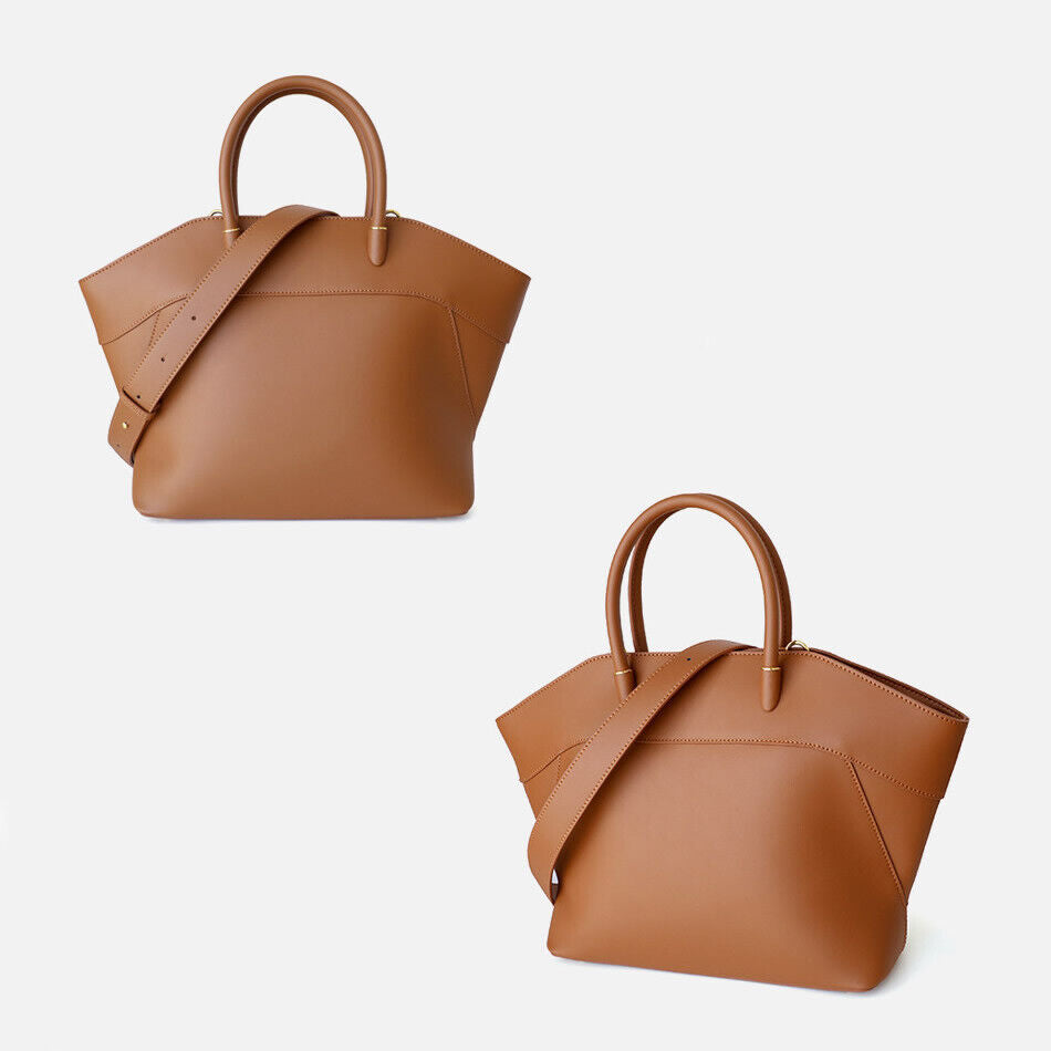 Trapezoid Real Leather Tote w/ Zipper Purse Shoulder Bag Handbag w/ Long Strap