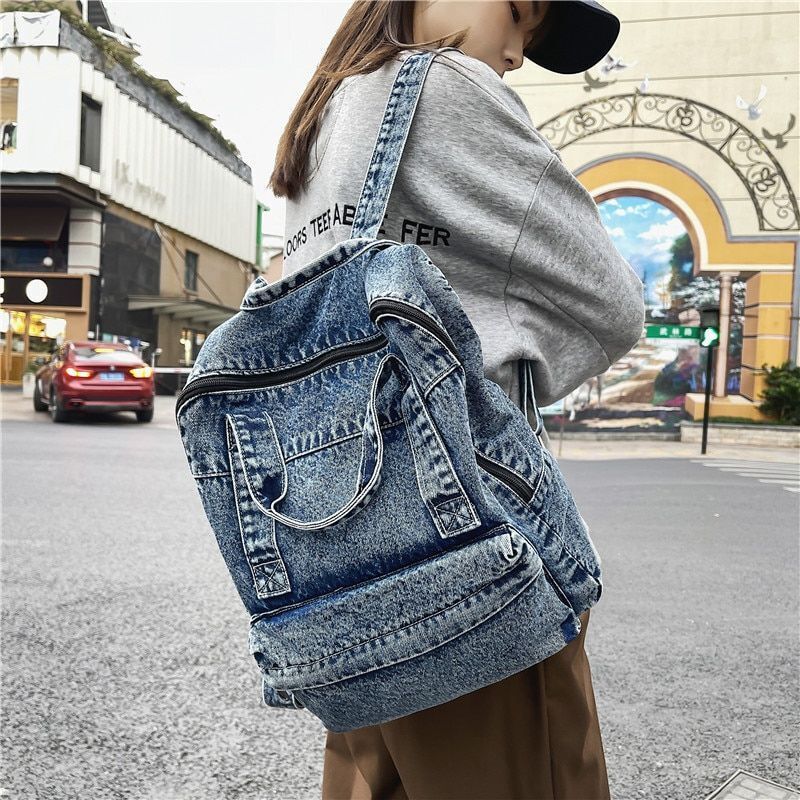 Women Backpack Large Capacity Daypack Denim Rucksack School Bag Retro 33*13*37CM