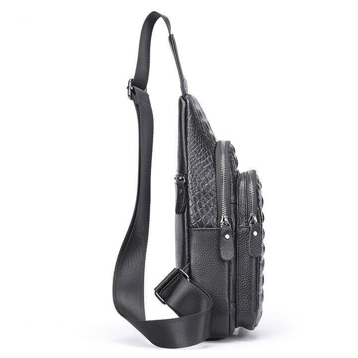 Mens Cow Leather Crocodile Pattern Chest Bag Sling Backpack Crossbody Travel Bag