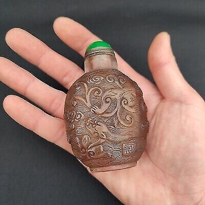 antique chinese snuff bottle peking glass clean vintage Carved dragon statue art