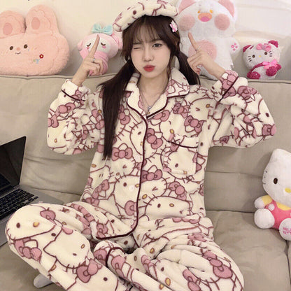 HelloKitty Pajamas Women's Winter Coral Plush Home Fur Set