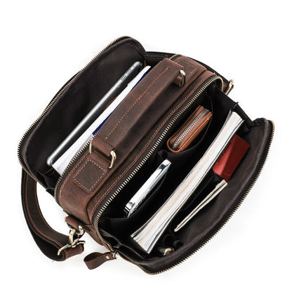 Crazy Horse Leather Men's Sling Shoulder/Messenger Bag Double Zipper 10" Handbag