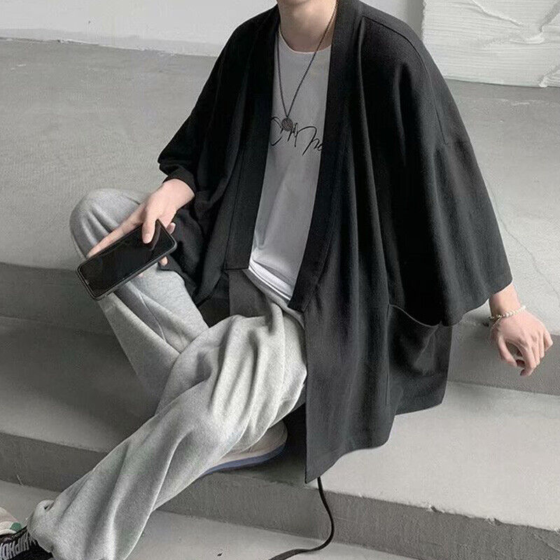Men Japanese Kimono Coat Loose Cape Cloak Top Baggy Oversize Jacket Robe Outwear