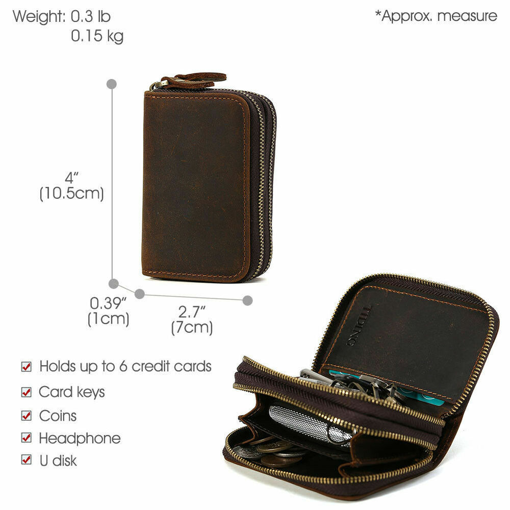 Unisex Cow Leather Key Card Holder Bag Small Wallet Zip Around Brown Coin Purse