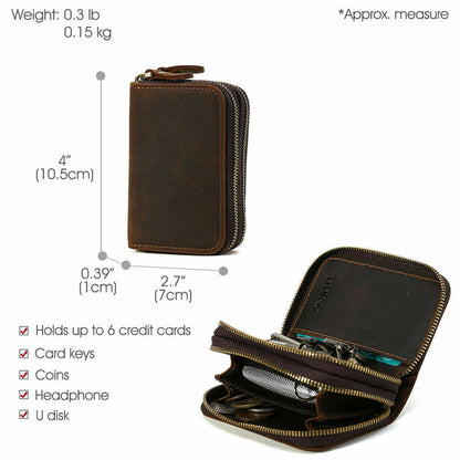 Unisex Cow Leather Key Card Holder Bag Small Wallet Zip Around Brown Coin Purse