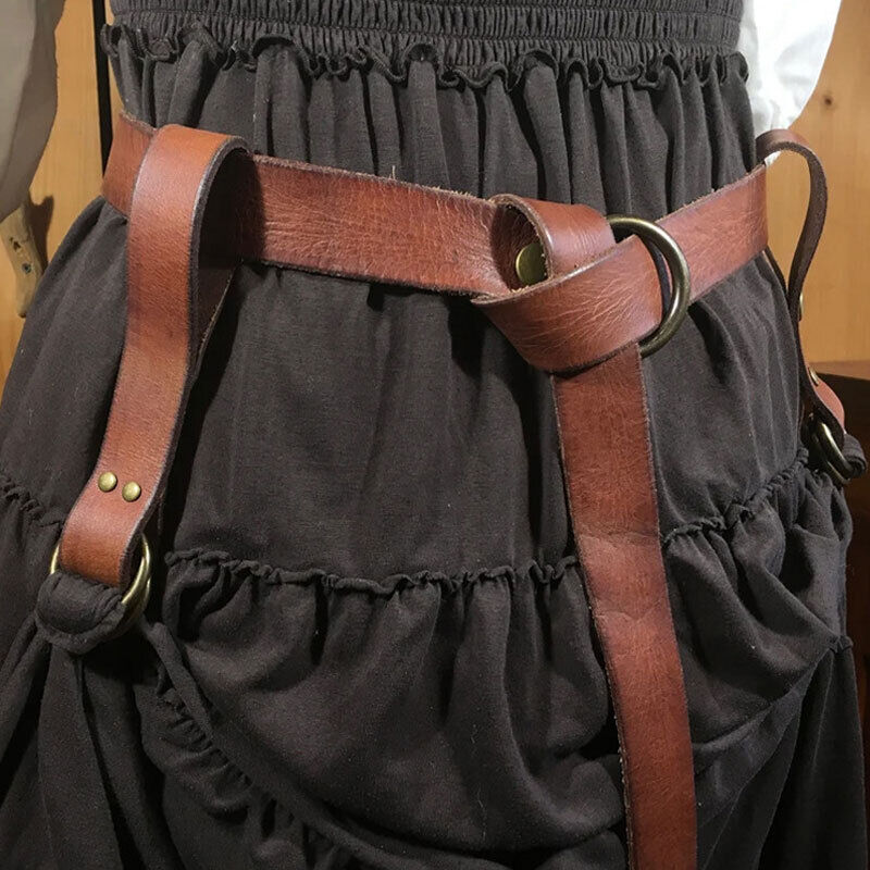 Womens Mens Hook Strap Double Metal Rings PU Leather Bag Medieval Belt