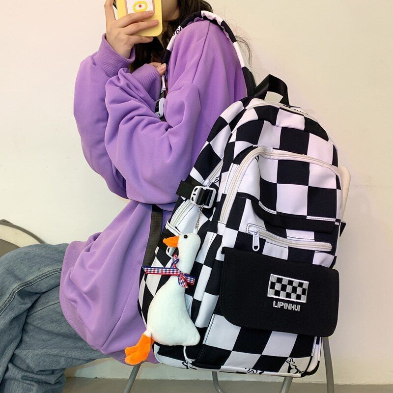 Backpack Waterproof Multi-Pocket Nylon Bookbag Plaid Schoolbag Laptop Travel Bag