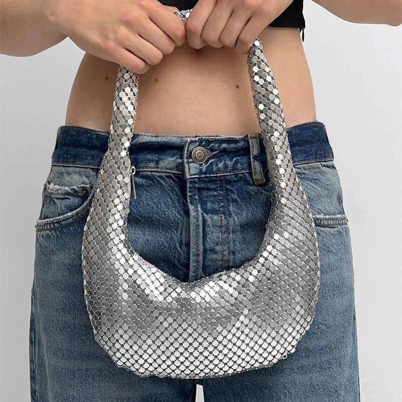 Mesh Shoulder Bags Silver Handbag Hobos Purse Small Underarm Bag 25.5*21.5*2 CM