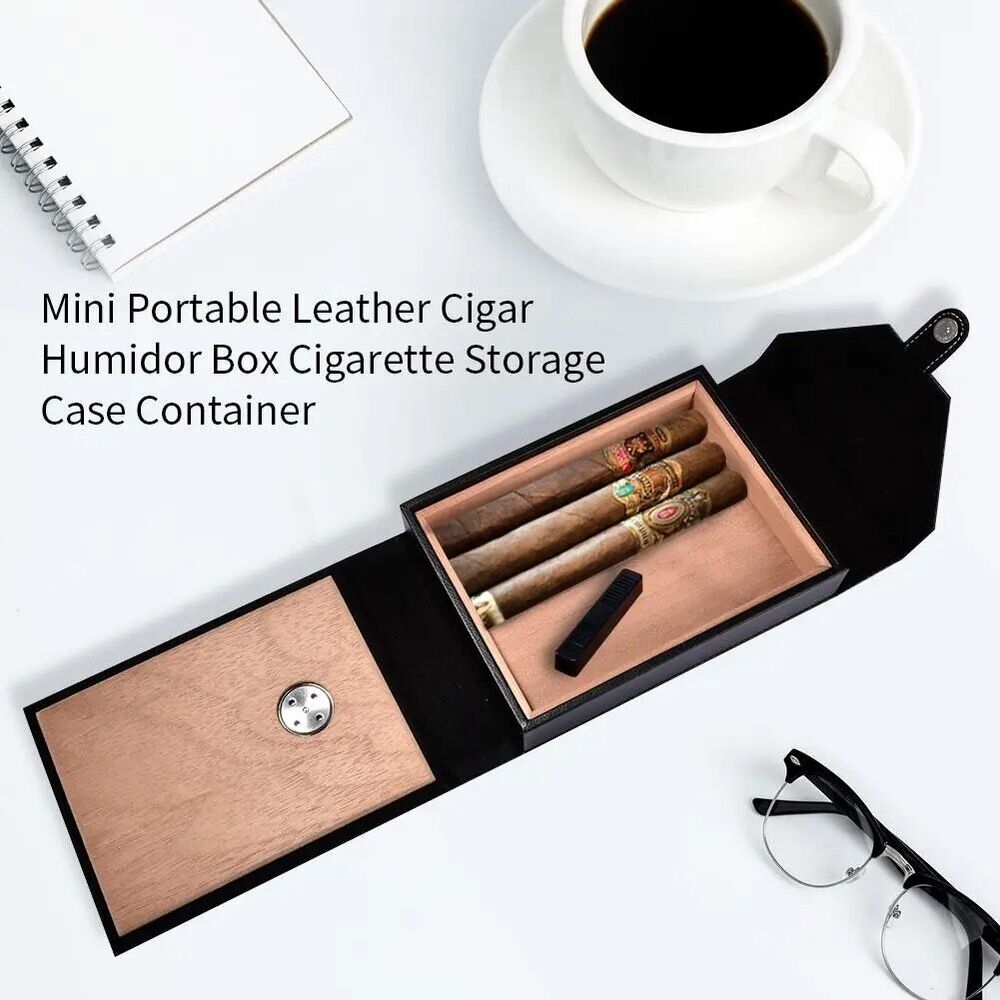 Wooden Cigar Humidor Box PU Leather Cedar Wood Travel Storage Case 22x16.5x4.5cm