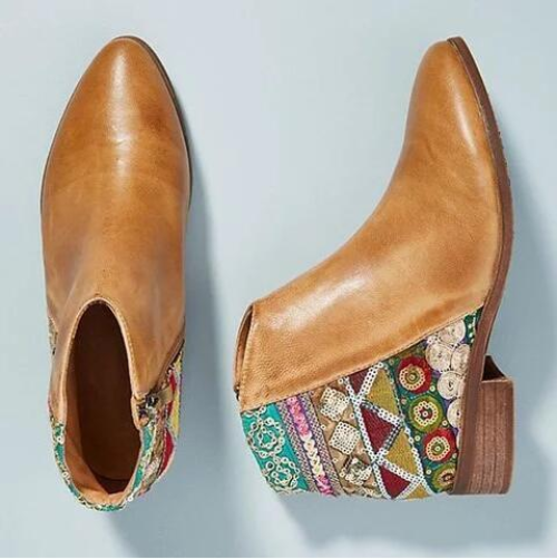 Women Embroider High Ankle Shoes Boots Leather Zipper Rivet Flower Shoes