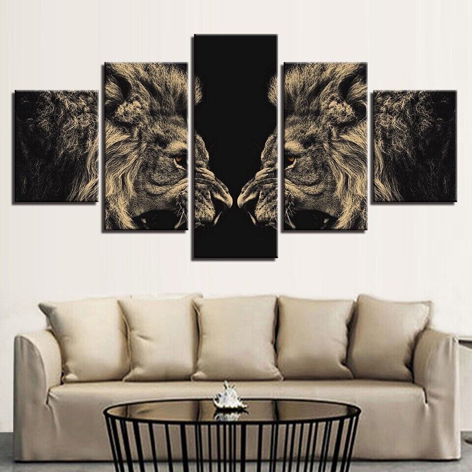 Roaring Lion Reflection 5 Panel Canvas Print Wall Art Poster Home Decoration