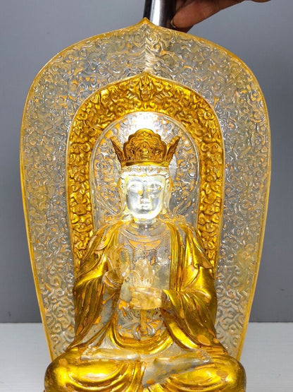 10"Gold Buddha meditation colored glaze Statue Carving glass buddhist large rare