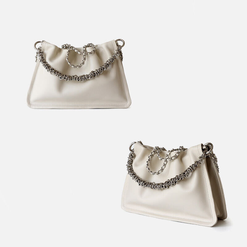 Small Real Leather Ruched Clutch Pouch Purse Tote Shoulder Bag Crossbody Chains