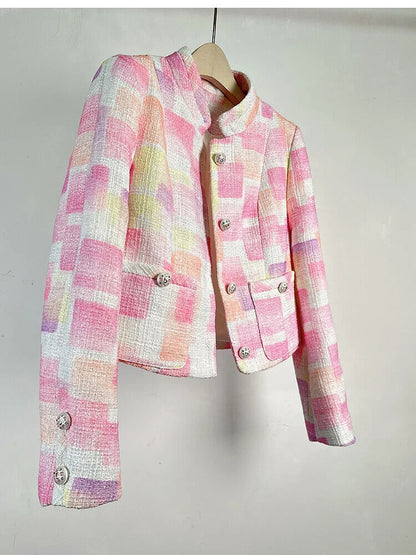 Autumn Winter French Plaid Tweed Short Jacket Coat Women Pockets Outwear