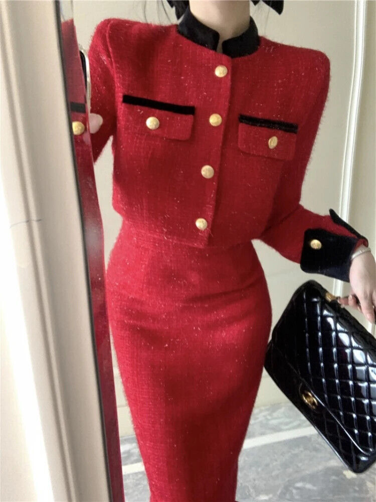 Two Piece Set Women Skirt 2023 Autumn Tweed Jacket Midi Pencil Skirt
