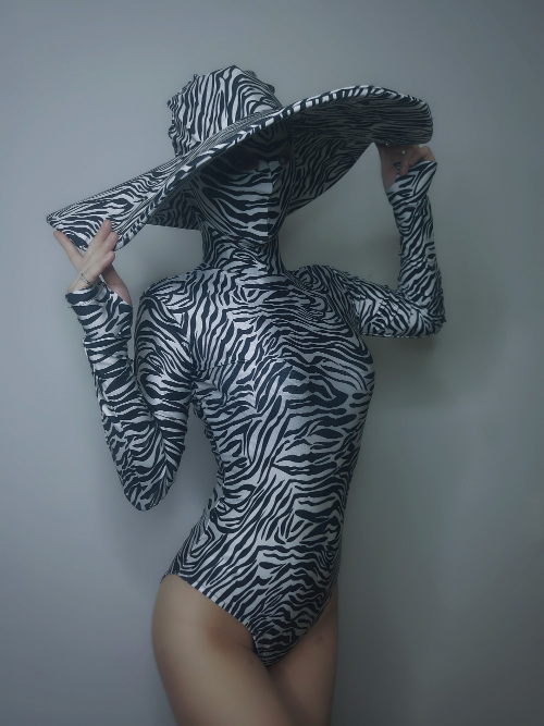 Big Hat Women Nightclub Green Black Zebra Stripes Bodysuit Performance Leotard