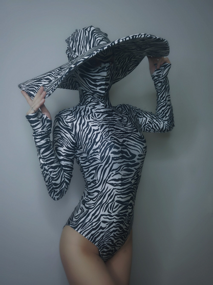 Big Hat Women Nightclub Green Black Zebra Stripes Bodysuit Performance Leotard