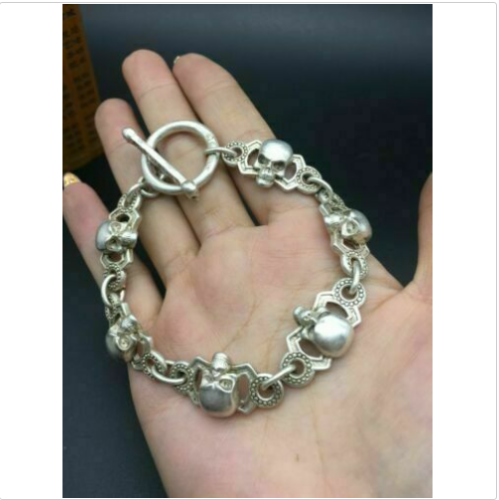 cool chinese rare old tibet silver hand cast skull statue bracelet jewel gift