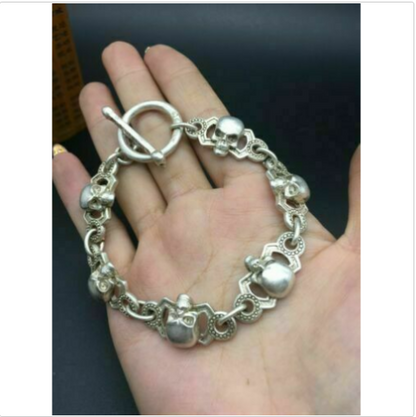 cool chinese rare old tibet silver hand cast skull statue bracelet jewel gift