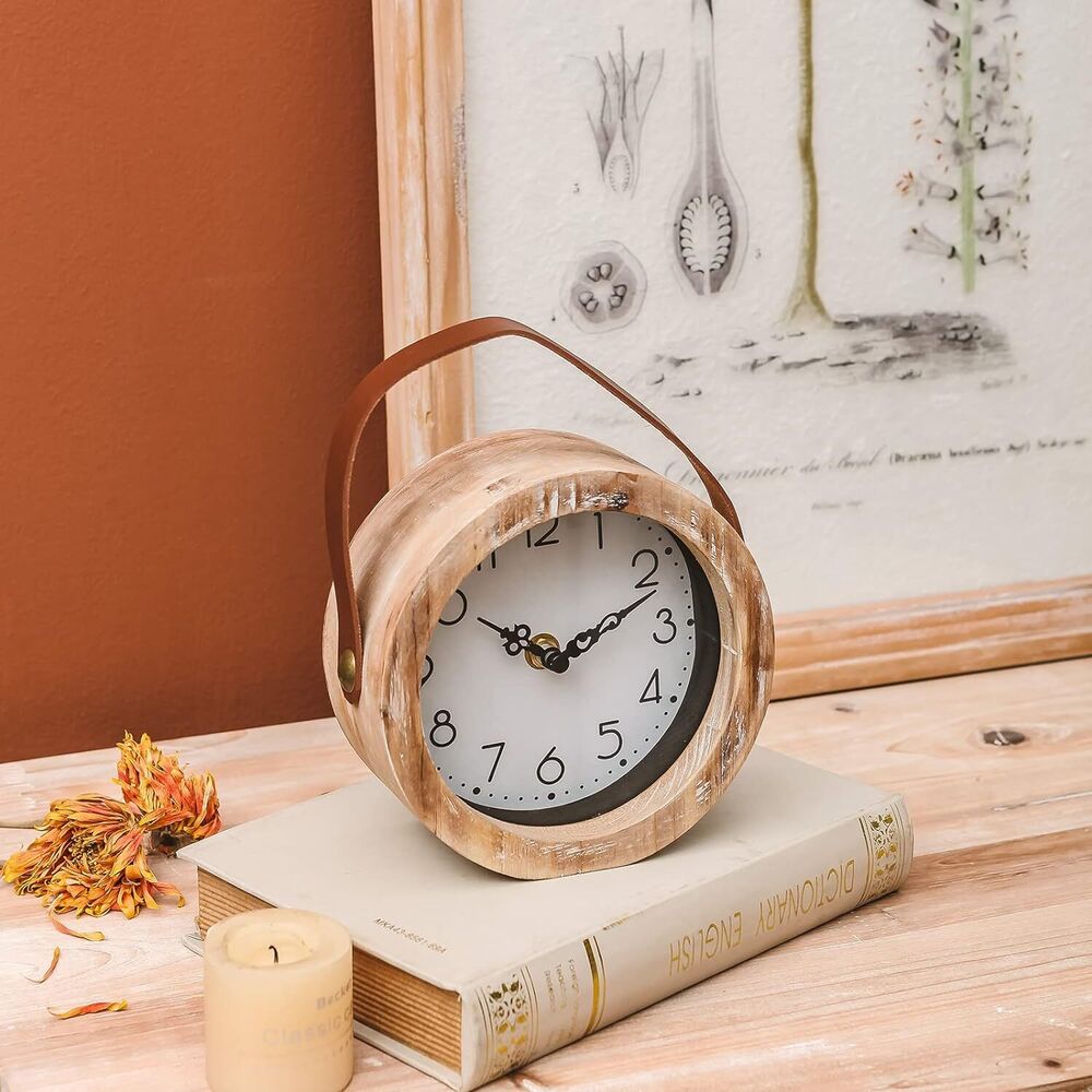 Wooden Table Clock Small Round Non-Ticking Battery Operated Hanging Home Decor
