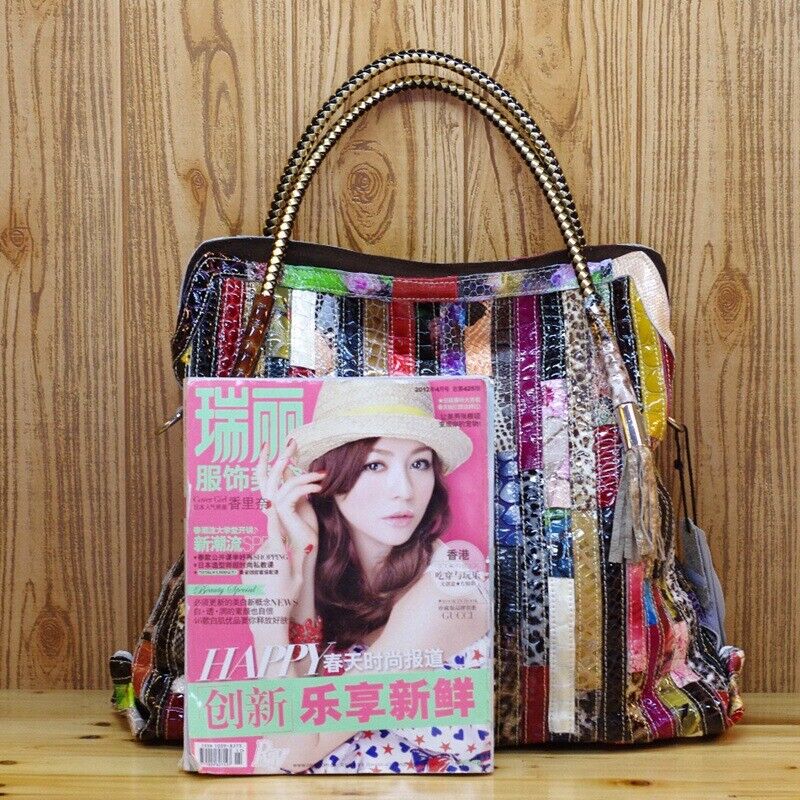 Women's Genuine Leather Snake Stripes Colorful Handbag Shoulder Satchel Tote Bag