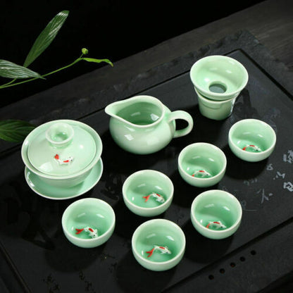 Chinese porcelain tea set fish relief ceramic gaiwan kungfu tea pot pitcher cups