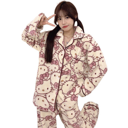 HelloKitty Pajamas Women's Winter Coral Plush Home Fur Set