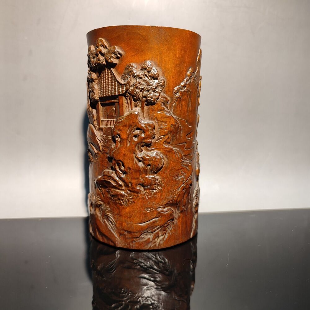 chinese carved brush pot pots pen case statue antique wood carving Figure-story