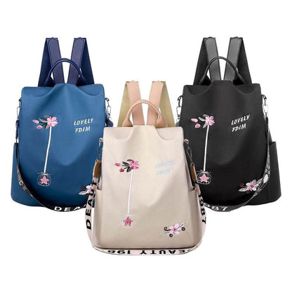 Nylon Backpack Flower Embroidered Shoulder School Book Bags Traveling Anti-Theft