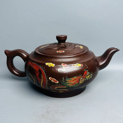 Vintage Chinese Yixing Purple Clay Teapot Zisha Ceremony Painted Dragon Teaware