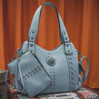2x/set Concealed Women Shoulder Handbag Bag Turquoise Concho Stud Stitch Purse