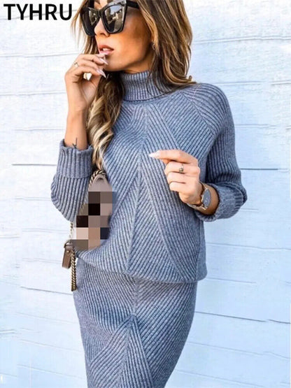 Autumn Women's Turtleneck Pullover Sweater + Slim Skirt Two-Piece Set