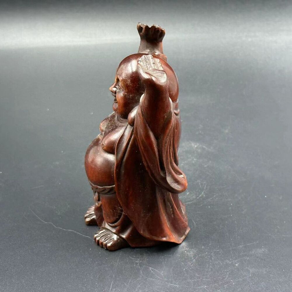 Chinese Vintage Boxwood Carving Laughing Buddha Statue Wooden Figurine Artwork