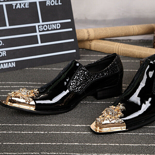 Mens Slip On Leather Metal Pointy Toe Formal Dress Business Flat Heel Shoes New